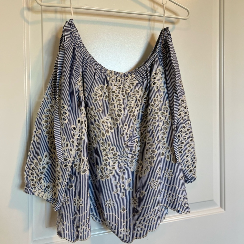 Light blue, off the shoulder lacey top. cute for a brunch! Worn just one time.